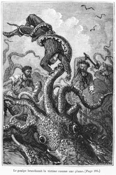 A polip megtámadja a Nautilust, illusztráció Jules Verne (1828-1905) „Nemo kapitány” című művéből, Henri Théophile Hildibrand (1824-97) metszete, Párizs, Hetzel, megjelent 1877-ben